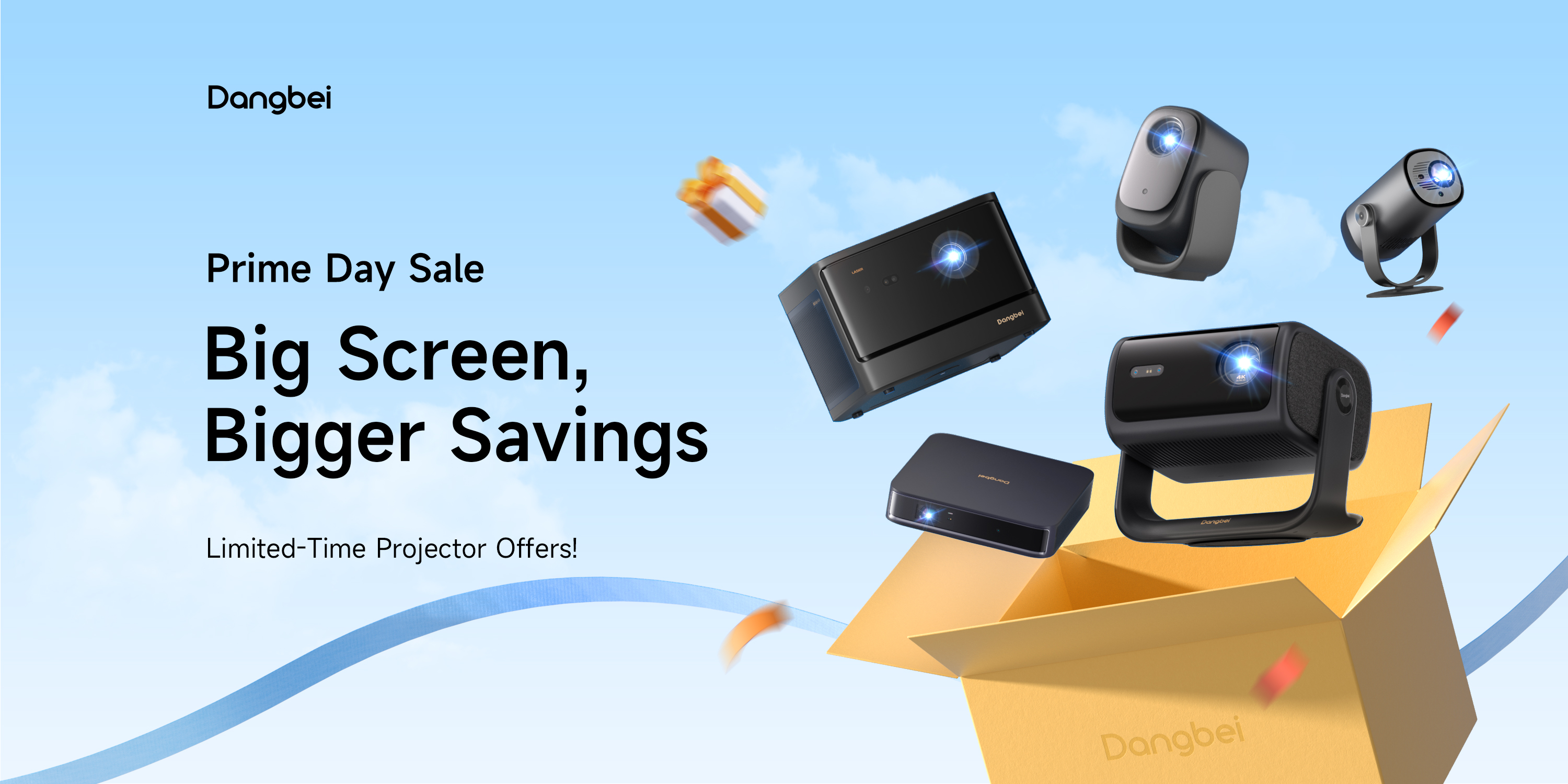 Dangbei Prime Day promotieafbeelding met zwevende projectoren en cadeaus.