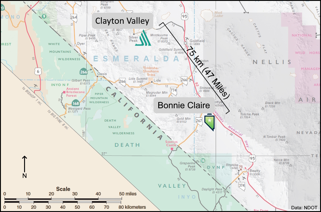 Location map of Bonnie Claire and Clayton Valley projects