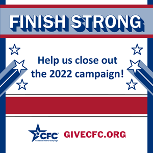 Graphic with "Finish Strong: Help us close out the 2022 campaign!" and the URL GiveCFC.org with stars and stripes.