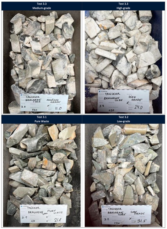 Visual results of drill core material from the Bralorne West area showing material sorted into four fractions based on quartz percentage.