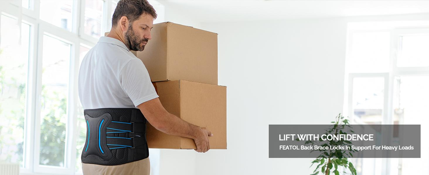 Worker lifting boxes while wearing a FEATOL lower back brace for lumbar support and lifting assistance.