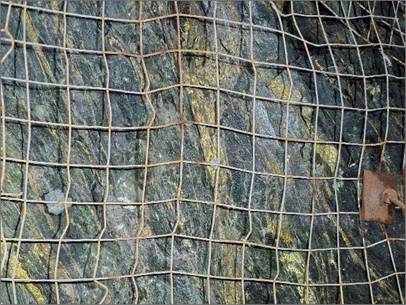 Stringer-style FWZ mineralisation from the 735 Level in the Ming Mine (photograph taken in September 2024).  The mineralisation consists of individual mm to cm scale chalcopyrite-pyrite veins hosted within highly chloritised rhyolite.  This mineralisation is amenable to large-scale mining and often bulks out to grades exceeding 2% copper.