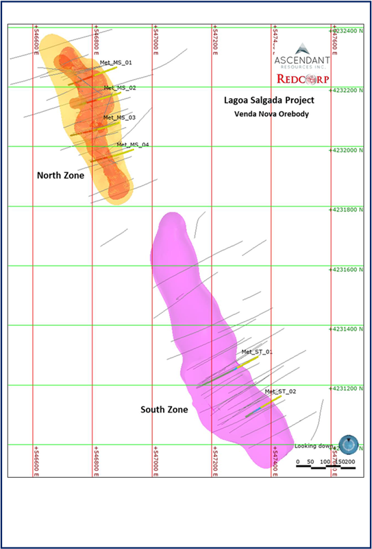 Plan view with Venda Nova sectors, domain projections and location of new reported drilling