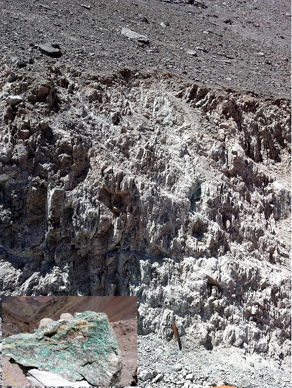Figura 4: Estructuras mineralizadas de alto ángulo escondidas debajo del tálamo en el camino de acceso a la perforación.