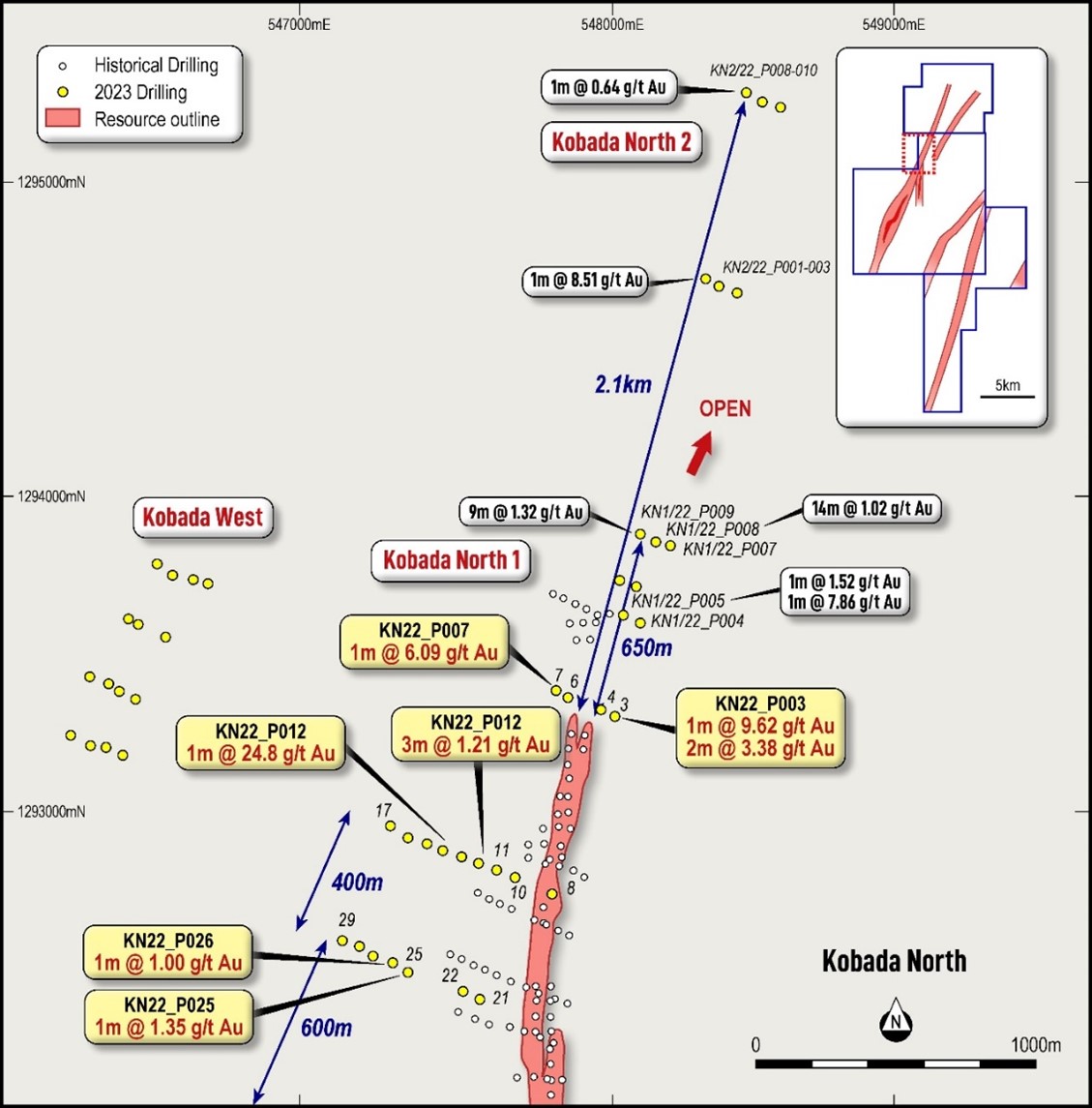 Plan showing Kobada North RC drilling locations and results