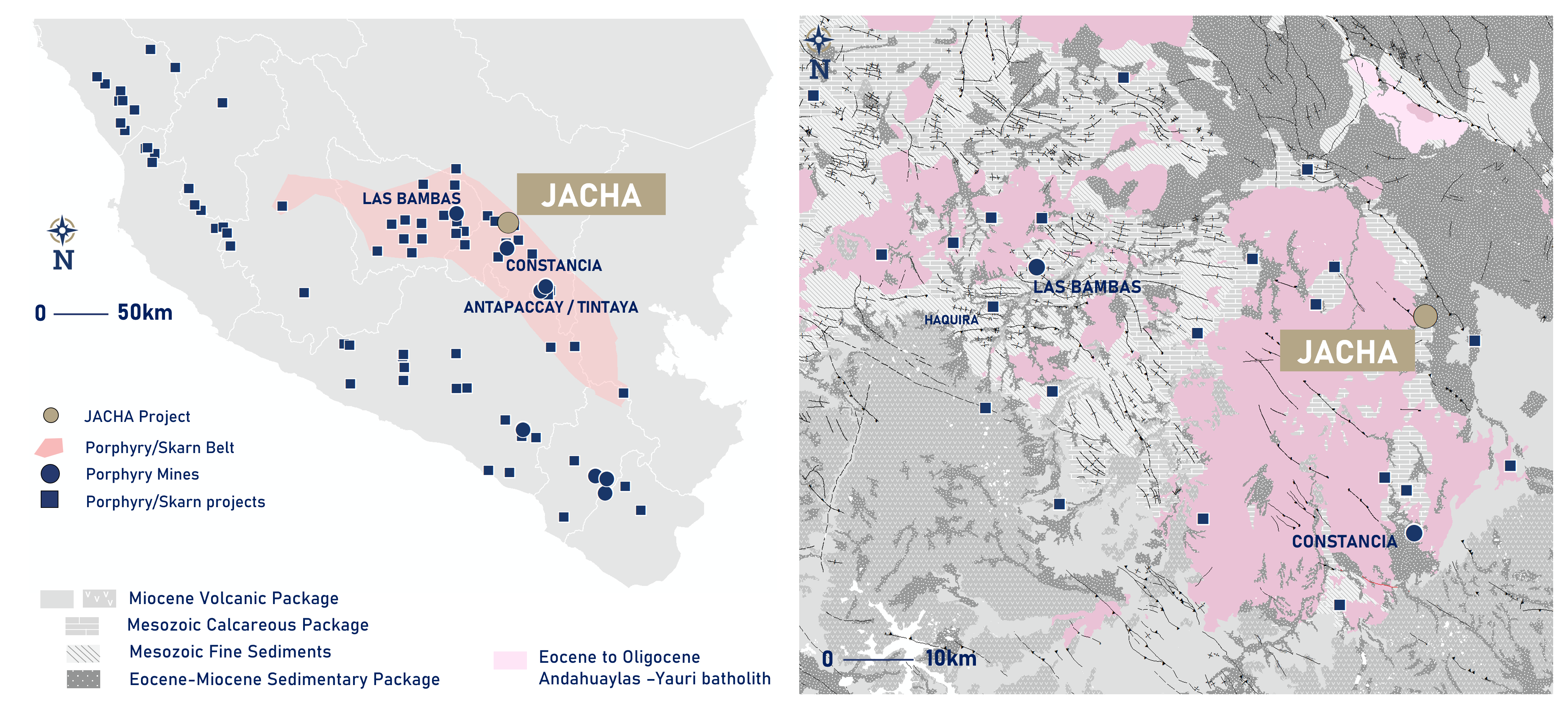Location of Jacha within the Andahuaylas-Yauri porphyry / skarn belt (left), and a close up map of the property location with respect to the reginal geology and location of Las Bambas and Constancia (right)