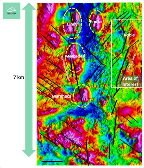 Figure 1: Map with New Targets for Exploration Defined by Magnetic Survey Relative to Marimaca Oxide Deposit