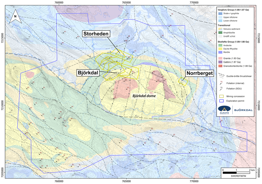 Regional geological map showing the locations of exploration focus and the contiguous tenements around the Björkdal dome.