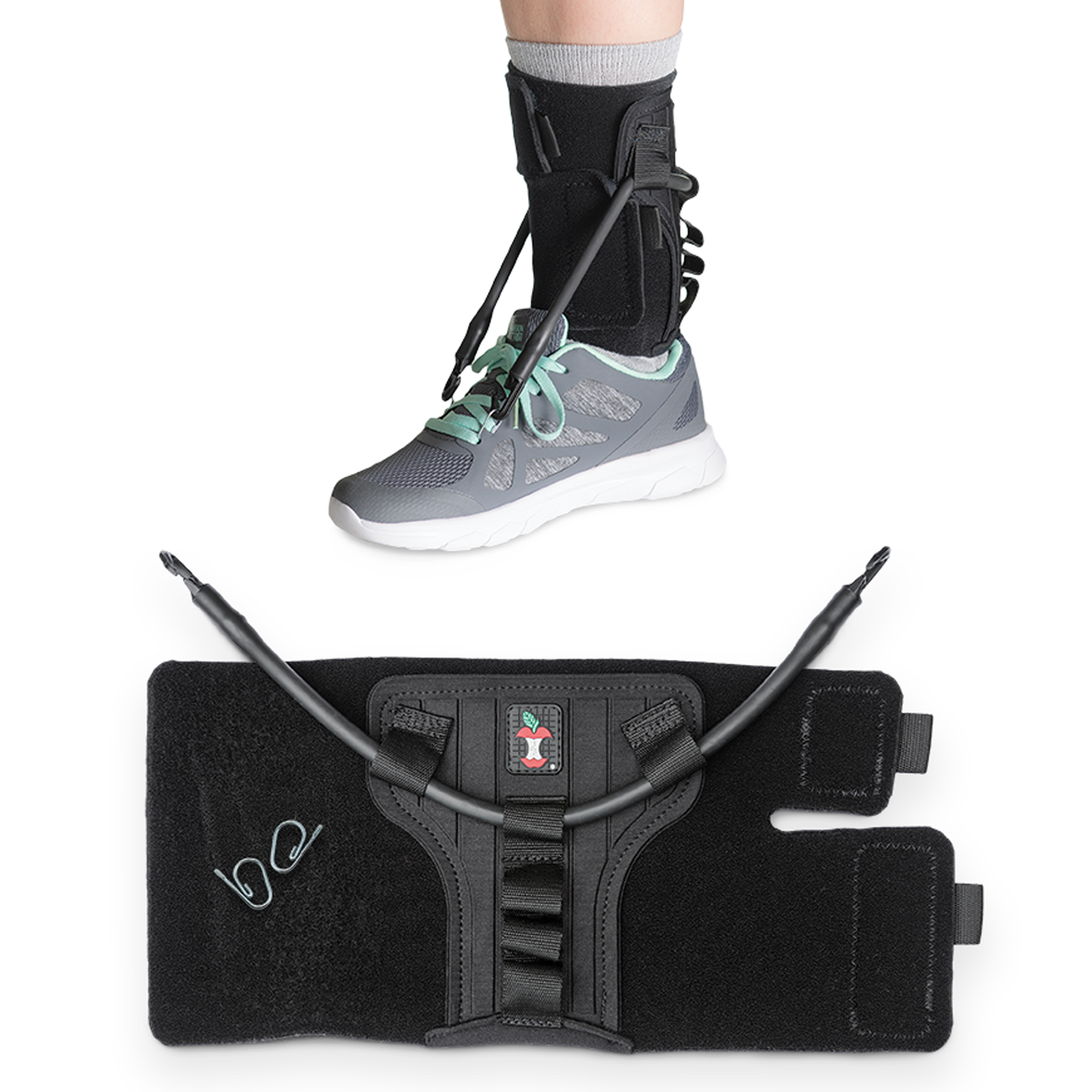Core Products FootFlexor ankle foot orthosis shown worn with an athletic shoe and displayed flat with adjustable tension cords.