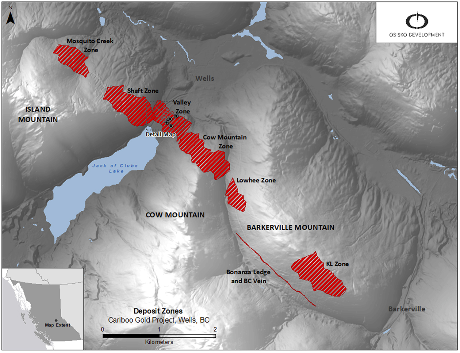 Figure 1: Cariboo Gold Project areas overview map (mineralized zones are shown in red)