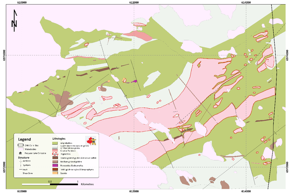 Local geology and occurrence of pegmatites (in pink color) in the East Zone of the Ferguson Lake project