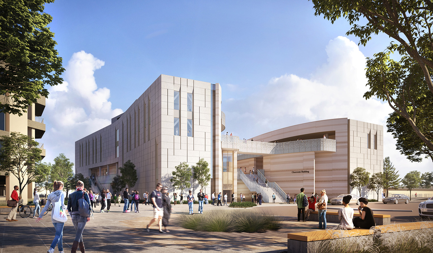 Exterior rendering of the Classroom Building at the University of California Santa Barbara currently under construction in California. The Classroom Building is designed to be a porous structure that opens at every face to welcome the university community, intertwining the life of the building with the surrounding campus and spectacular natural environment. Image: © LMN Architects.