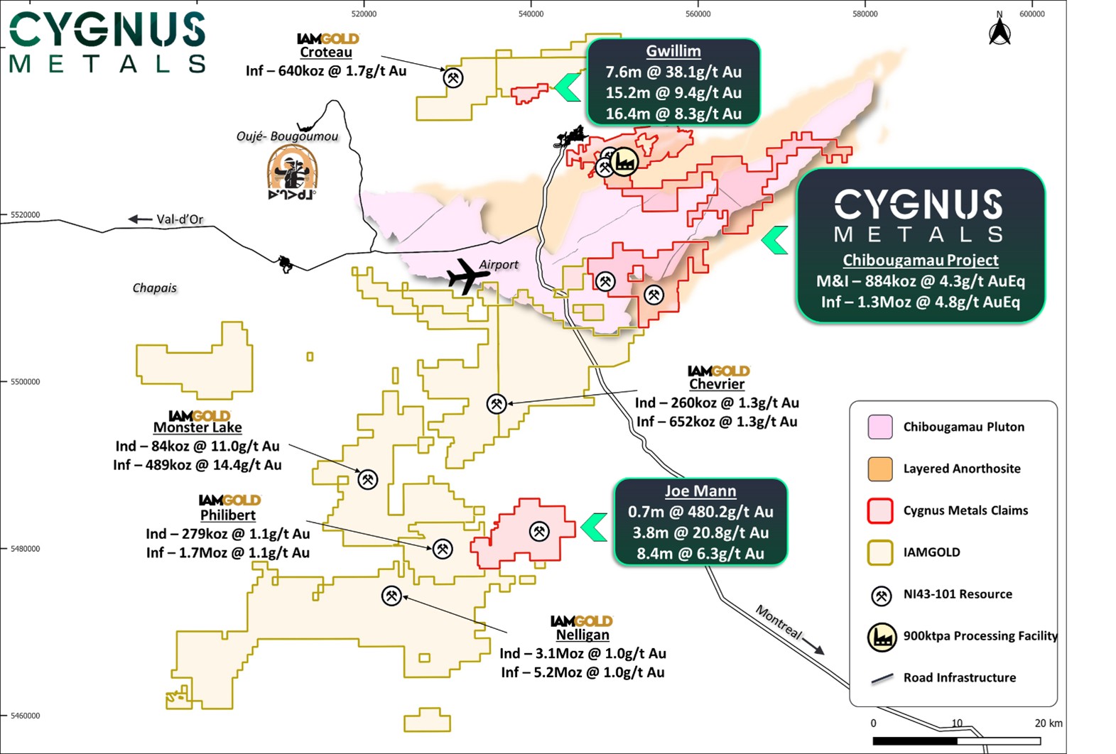Figure 1: High priority gold targets at Joe Mann and Gwillim in the heart of IAMGOLD’s acquisition of Northern Superior. Cygnus has the only processing infrastructure in the region.  image