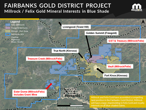 Figure 2. Blue shading indicates Millrock / Felix Gold mineral land holdings in the Fairbanks Gold District, Alaska.