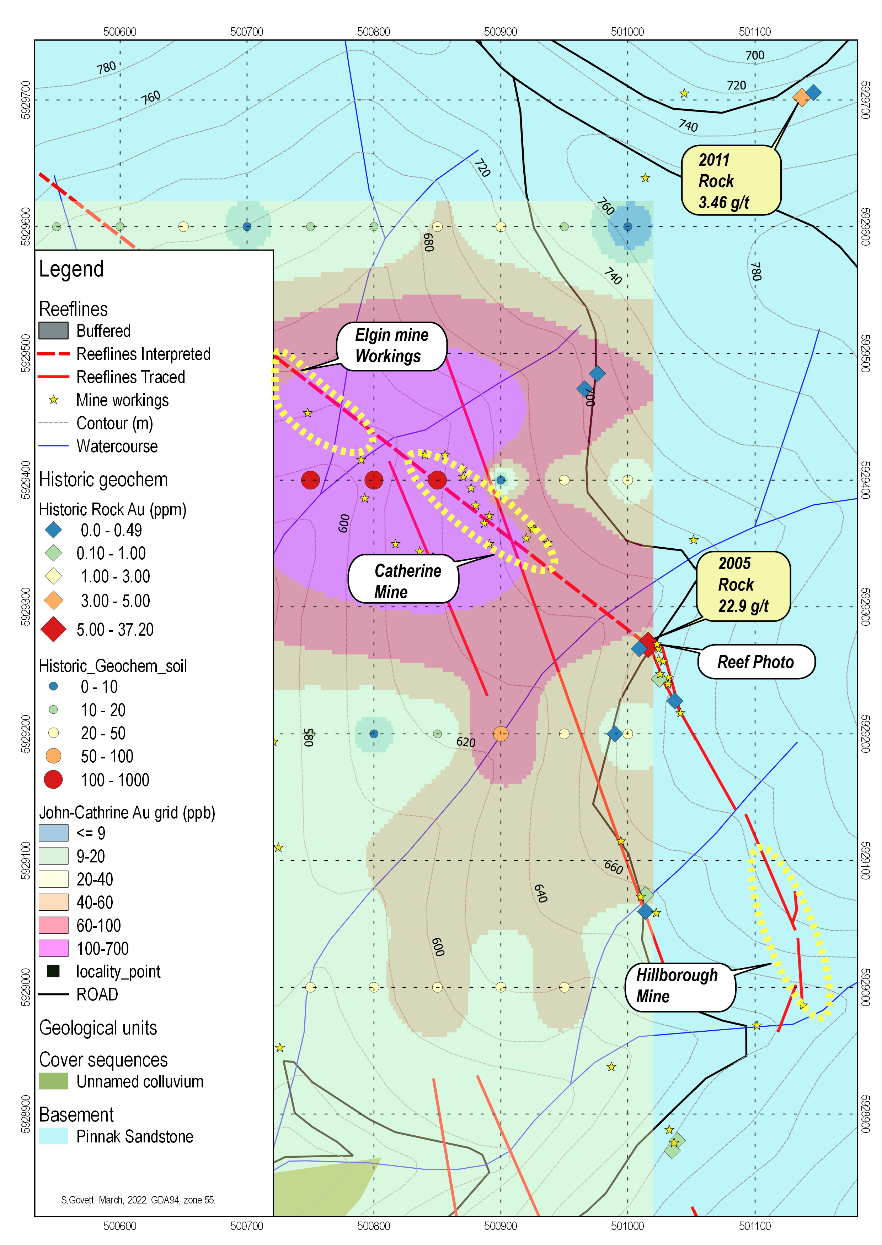 Figure 13 Historic soil geochemistry for gold by Golden Deeps Ltd  in 2013 over Elgin-Catherine workings