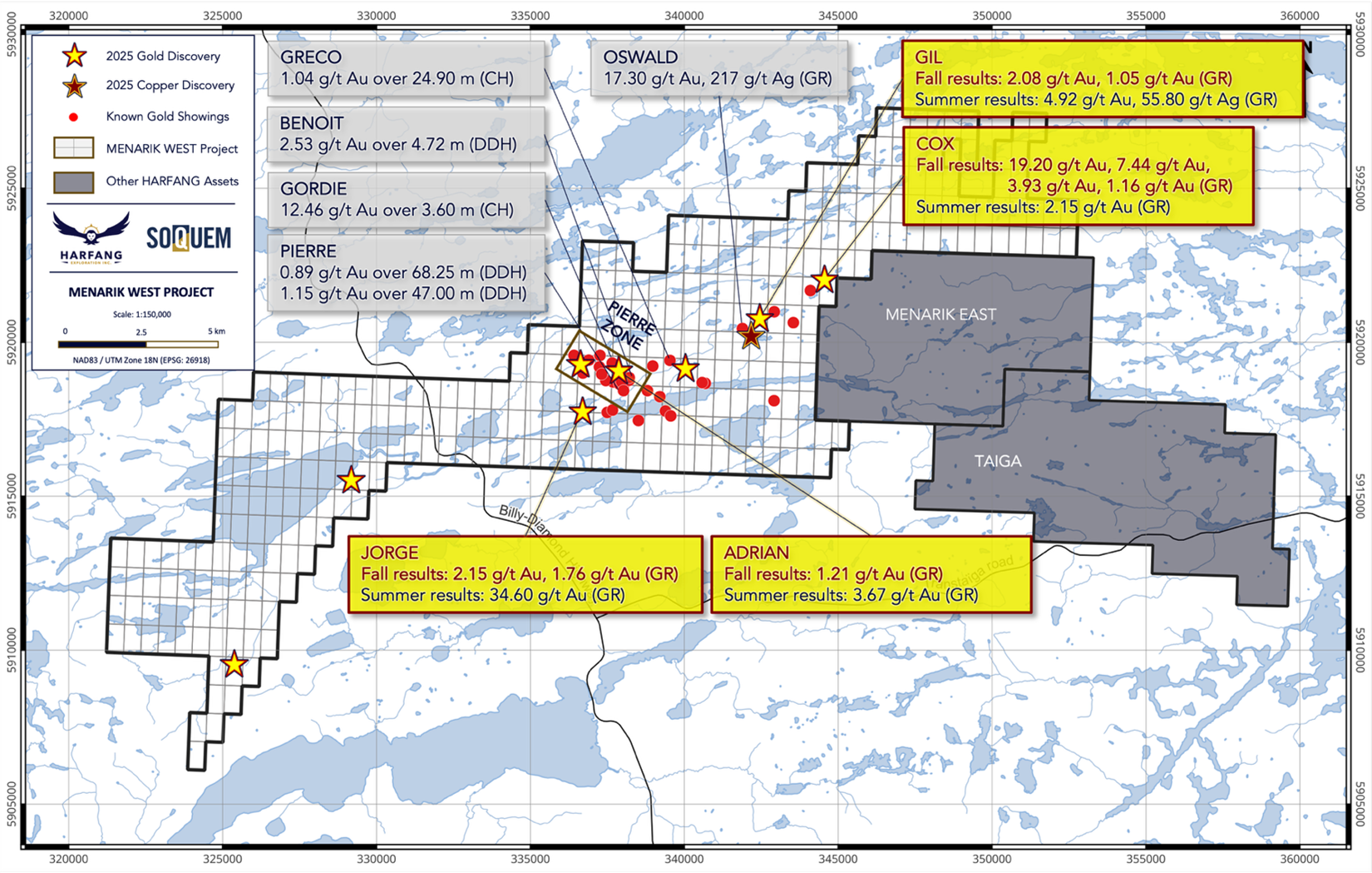Figure 2. Select assay results at Menarik West, highlighting results from the Fall 2025 exploration program
