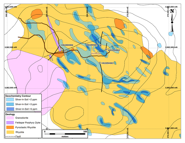 Figure 1 - Holy Cross Drilling on Silver-in-Soil Geochemistry and Geology