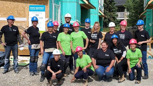 Revera employees support Habitat for Humanity by raising funds and by volunteering for Habitat Build Days, like this Revera crew in Calgary in September 2019. 