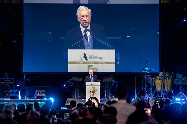 Mario Vargas Llosa speaks at Atlas Network's Freedom Dinner on Dec. 14, 2021 in Miami, Florida