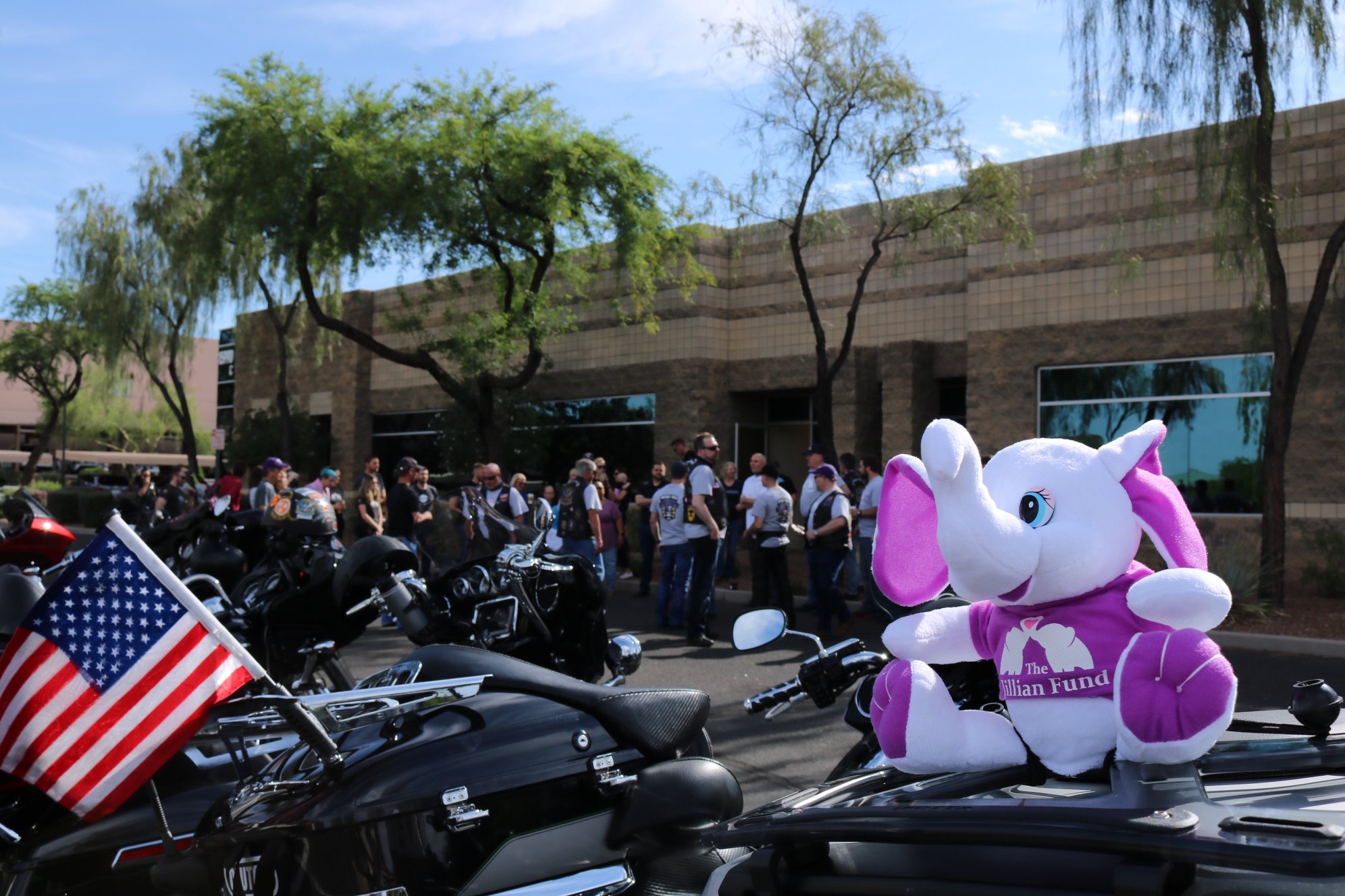 Ellie (The Jillian Fund Mascot) stands guard while the riders prepare for kick-off.