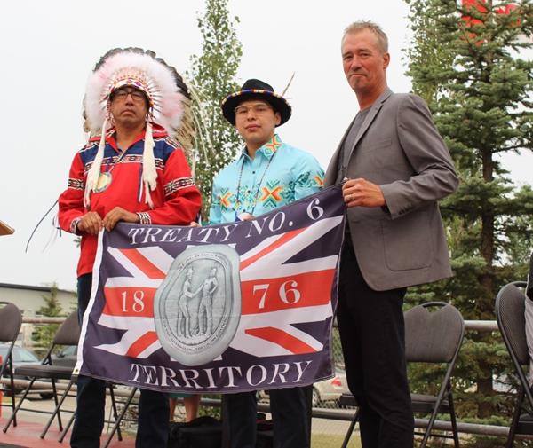 Chief L. Stanley Houle and Coby Breast-Steinhauer, both of Whitefish Lake First Nation #128, along with Brand Energy Solutions Managing Director Rick Lofstrom, took part in the Treaty 6 Flag Raising Ceremony held in Edmonton.