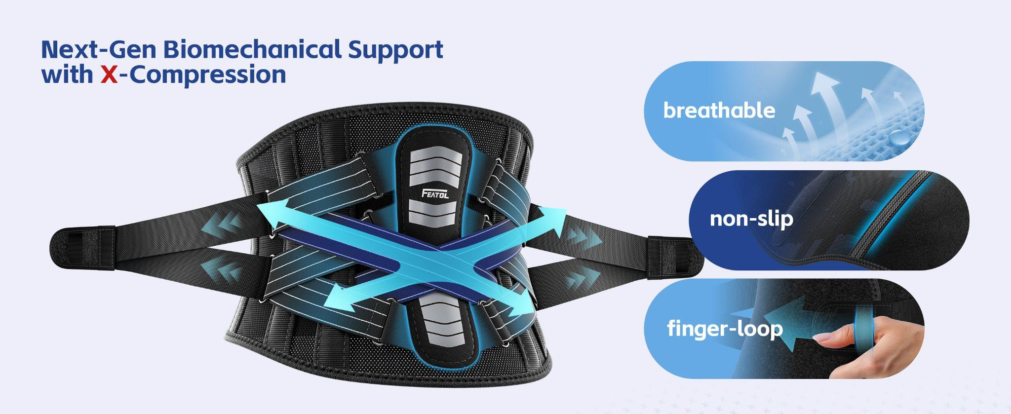 FEATOL back brace next-gen biomechanical X-compression support system with breathable mesh, non-slip lining, and finger-loop design