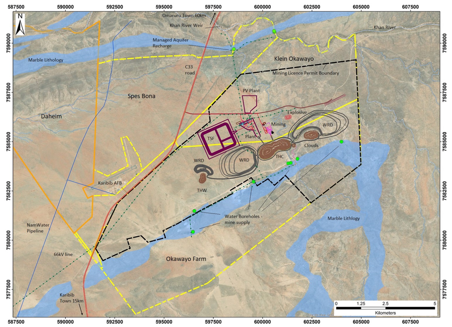 Figure 1: Location of Farms and Surface Infrastructure pertaining to Osino’ Twin Hills Gold Project
