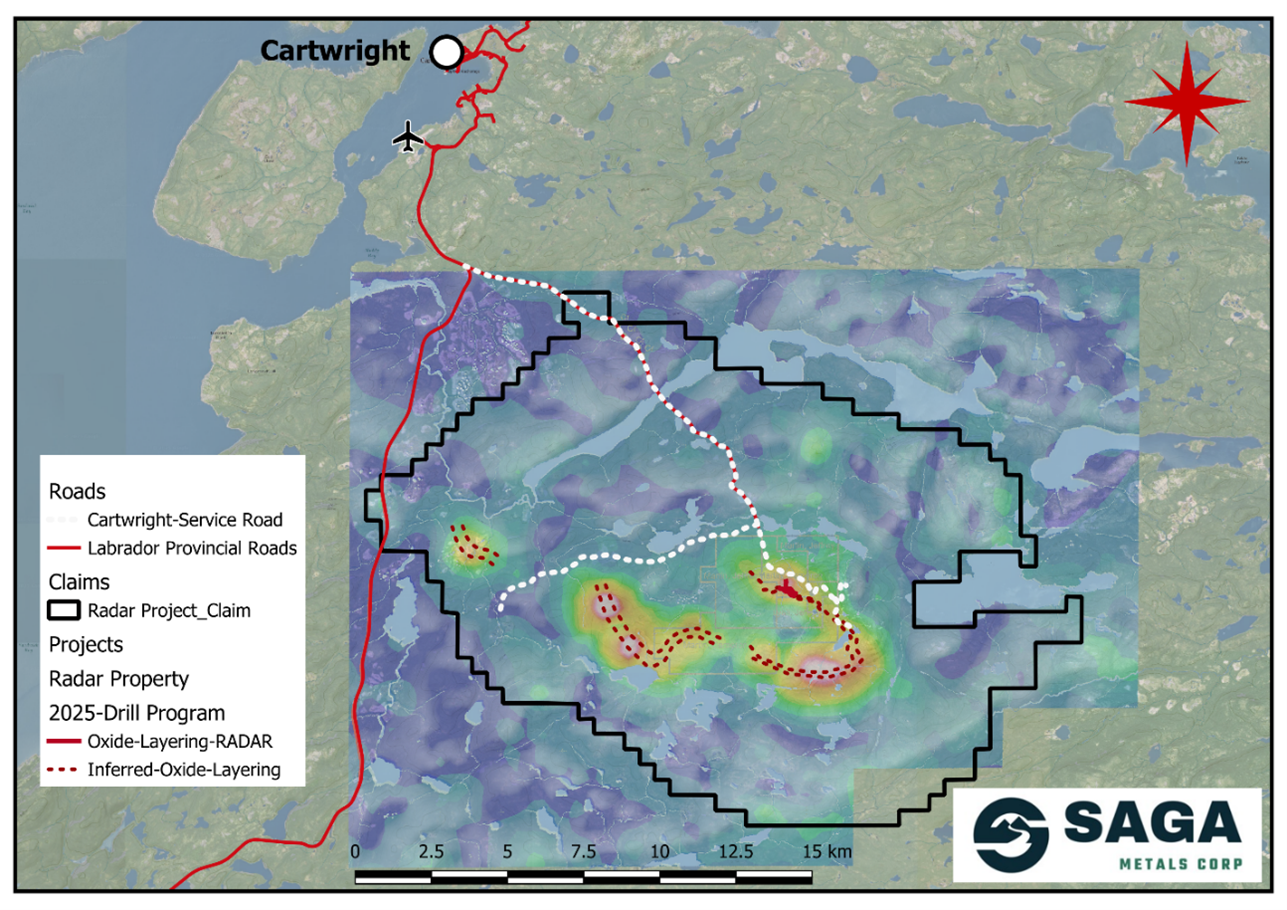 Map of the Radar project highlighting the oxide layering, road access, and proximity to the town of Cartwright, Labrador. SAGA's 2024 field programs now confirm compilation of historical airborne geophysics.