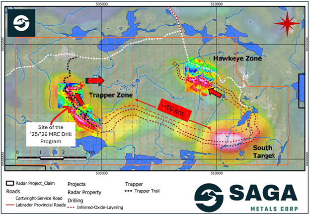 An approximate outline of the planned airborne geophysical coverage is highlighted in orange over Radar Project’s prospective oxide layering zone. SAGA has demonstrated the reliability of the regional airborne magnetic surveys after validating with ground magnetic surveys and drilling in the 2024 -2026 field programs.