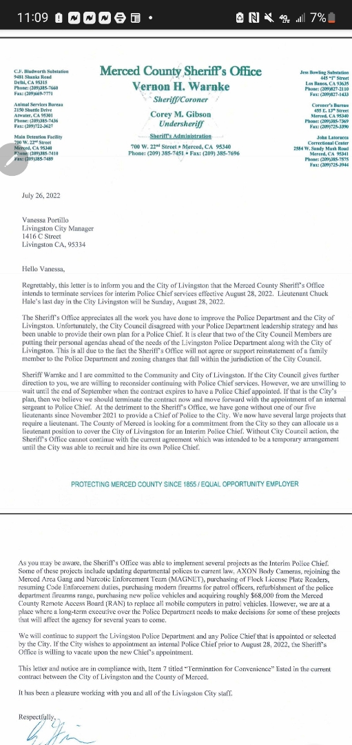 The Sheriff's Letter to Livingston City Council