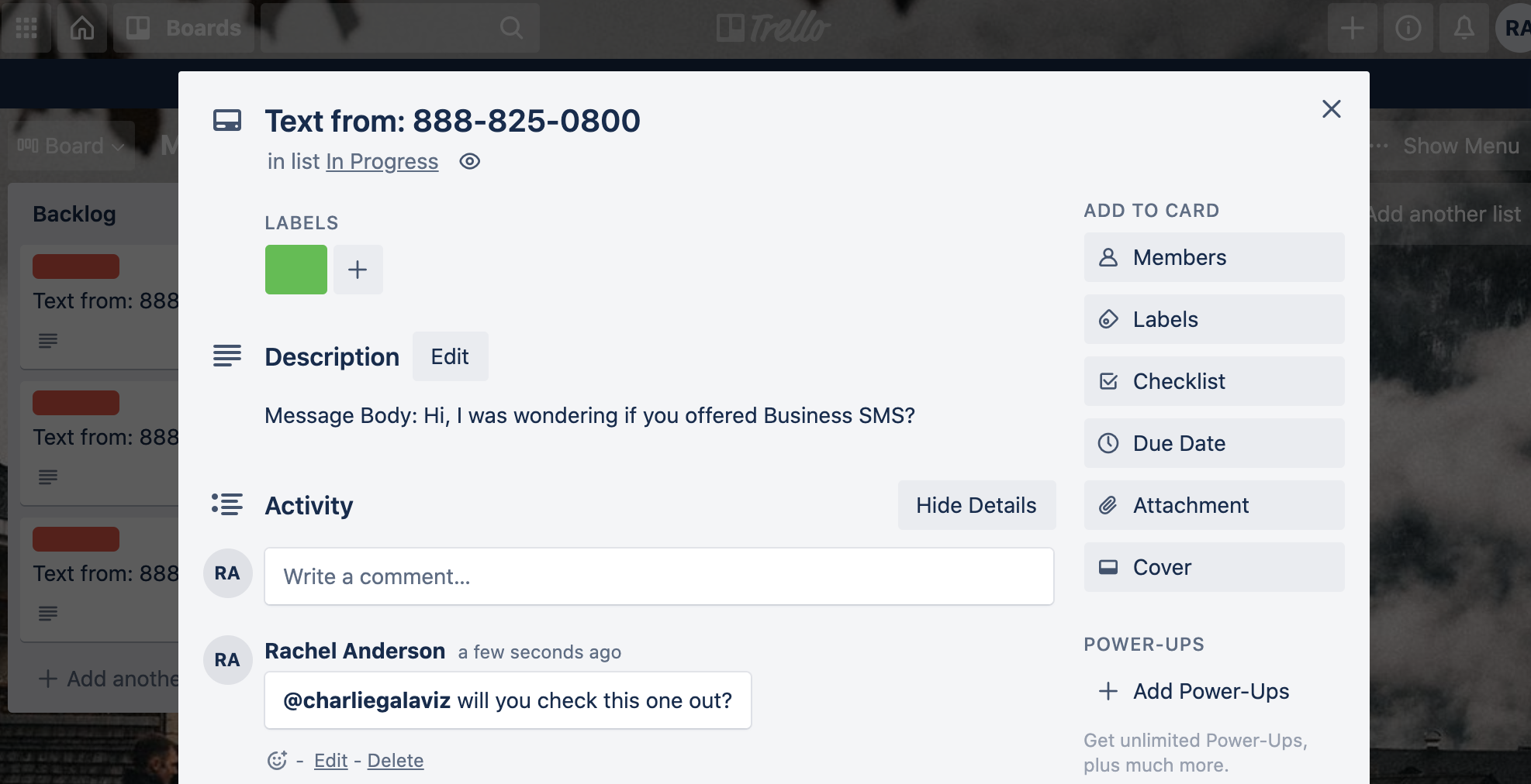 VirtualPBX Business SMS message logged in a Trello card