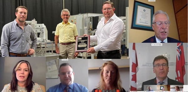 Photo clockwise from top left: Andrew Glover, Harbour Technologies, Ron Oberth, OCNI, David Glover, Harbour Technologies, (Receiving OCNI Special Award Plaque), Windsor City Councillor Jim Morrison, Hon. Bill Walker, Associate Minister of Energy for the Province of Ontario, Sandra Dykxhorn, OPG, Clint Thomas, Bruce Power, Lisa Gretzky, MPP for Windsor West