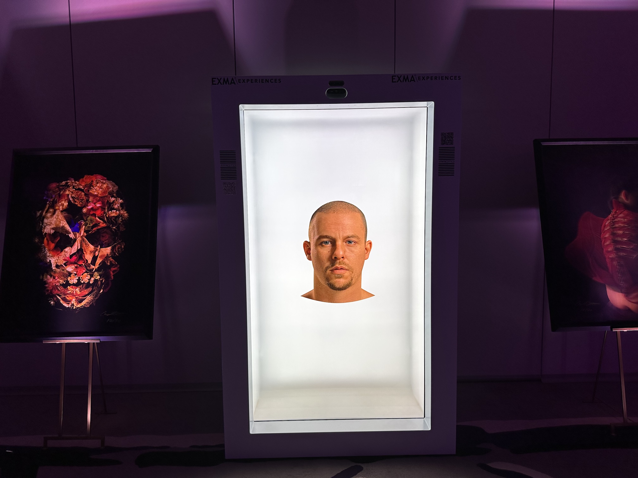 Gary James McQueen's tribute to his uncle, the legendary designer Alexander McQueen, in the Proto Epic hologram device at WCC's Art Basel Miami event. Photo by Molly Lavik