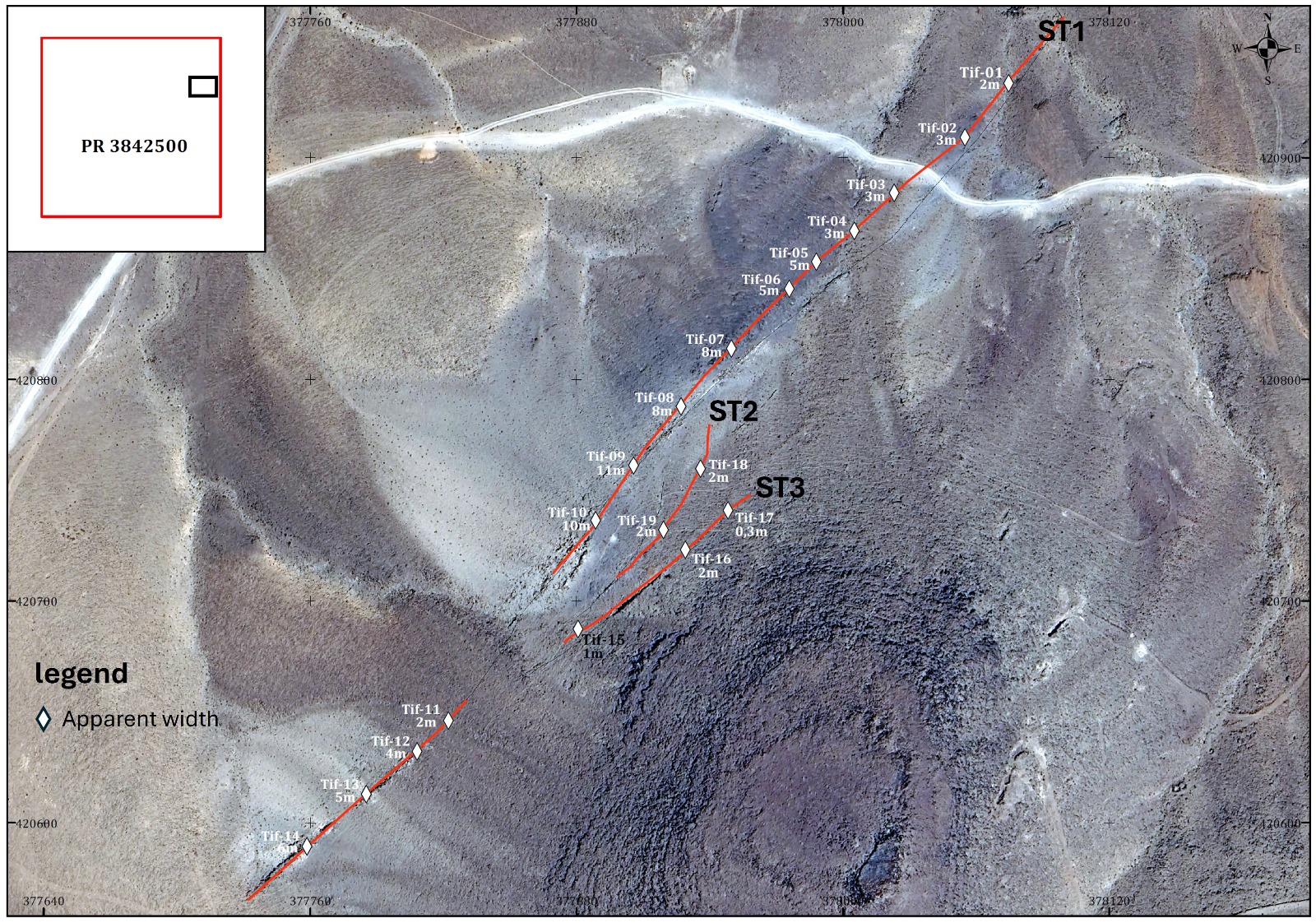 Figure 1 : Location of mineralized structures with channel samples (Tif-01 to Tif-14) and grab samples (Tif-15 to Tif-19) on the Tifernine property