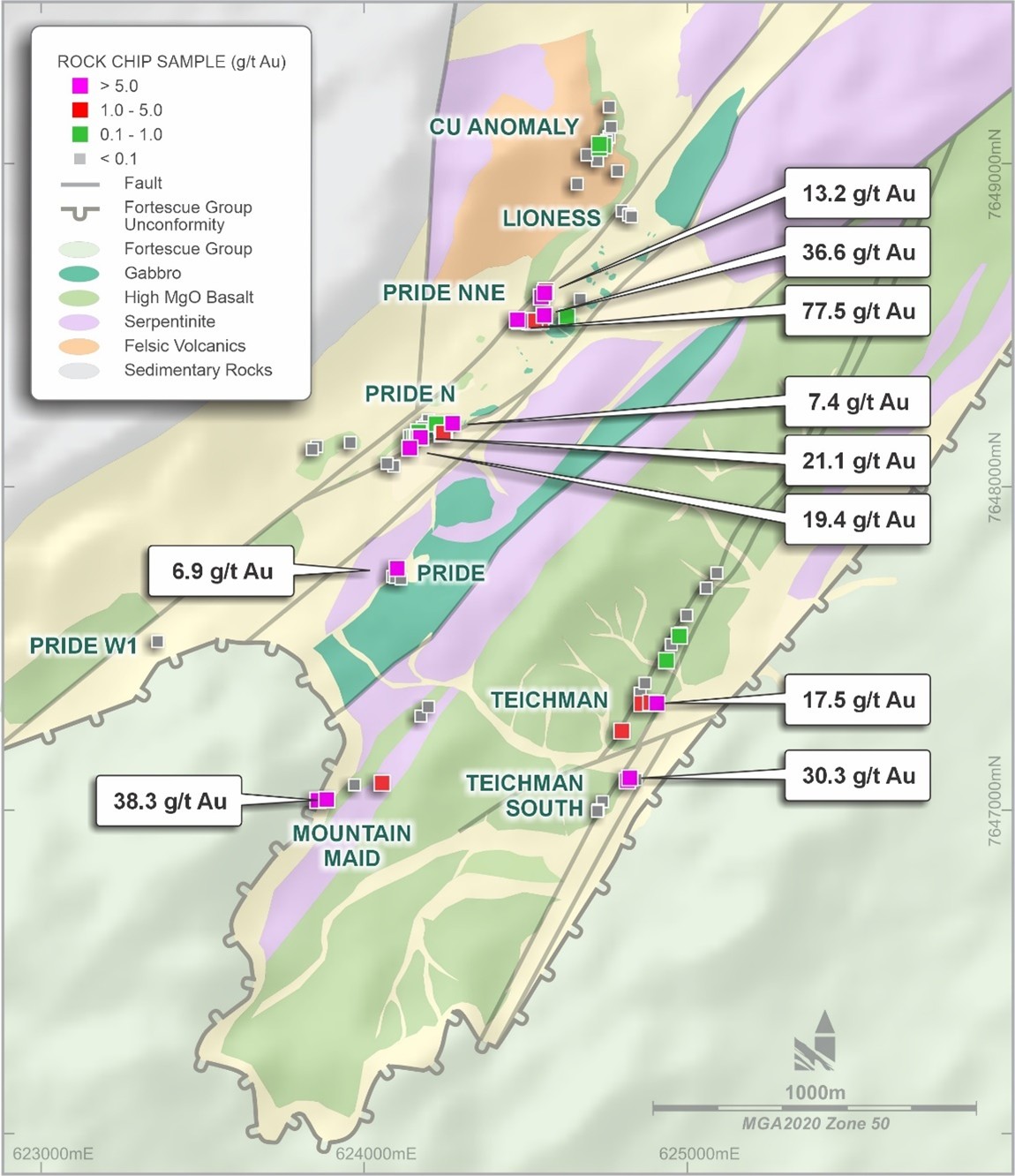 Teichman prospects highlighting Novo rock chip results> 5 g/t Au and geological interpretation with regolith cover