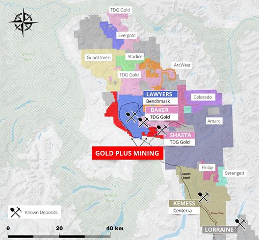 Map of Gold Plus’ Lawyers North, East and West properties in relation to Benchmark’s “Lawyers” property and nearby deposits