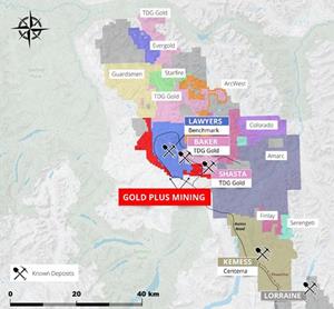 Map of Gold Plus’ Lawyers North, East and West properties in relation to Benchmark’s “Lawyers” property and nearby deposits