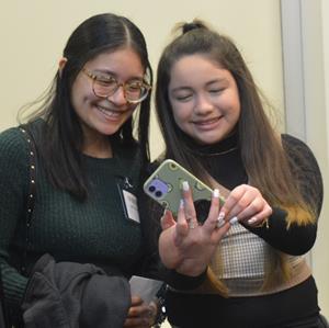 Mayah Zamora (right), a survivor of the shooting at Robb Elementary School in Uvalde, Texas, in May 2022, takes a selfie with Adrianna Garcia, a senior at Poteet (Texas) High School whose first-ever blood donation went to one of the emergency transfusions Zamora received. The donor and patient met for the first time at the fifth anniversary celebration of the Heroes in Arms program, held at South Texas Blood & Tissue on Jan. 28. Heroes in Arms supplies emergency responders with blood that can be transfused to any patient in emergency trauma situations.