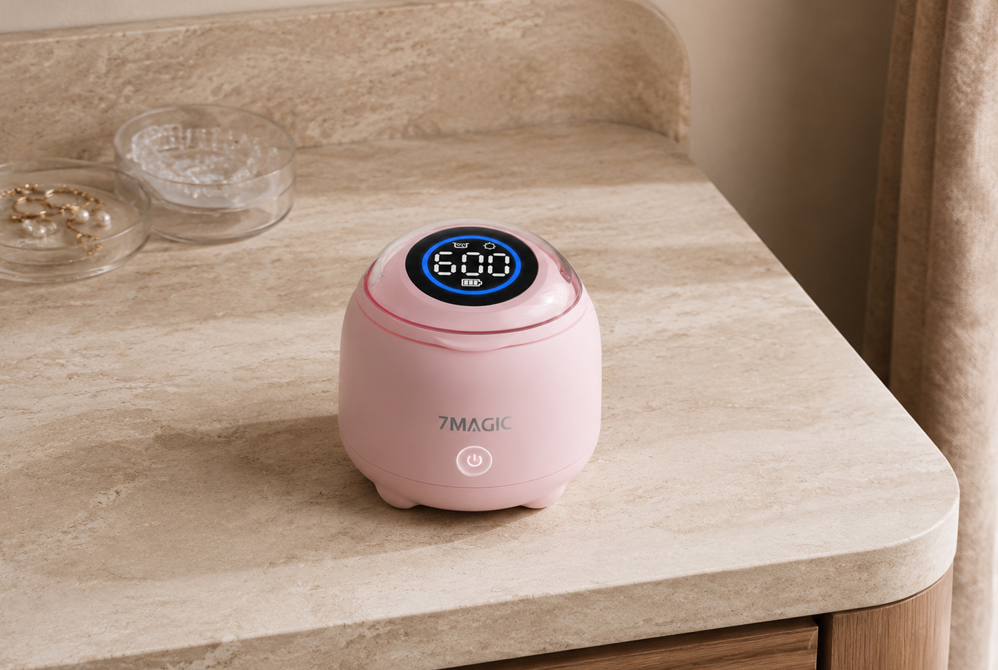 Pink 7MAGIC SonicPod Go portable dental pod with digital countdown display and one-touch control for modern personal care spaces.