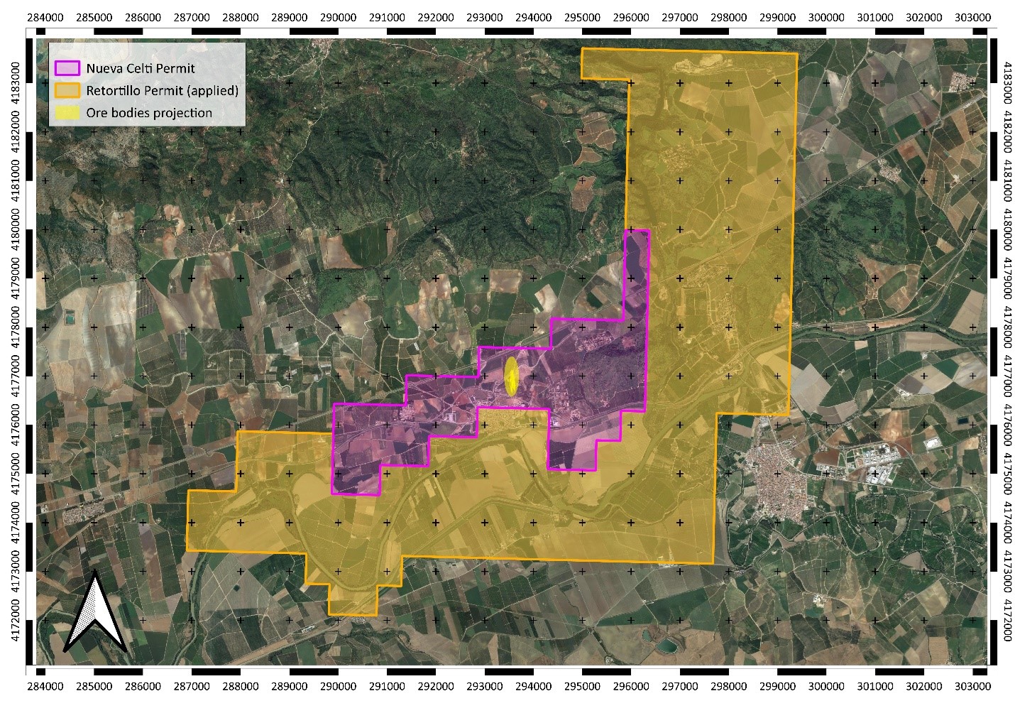 Location of the area under investigation on respect to the Nueva Celti and Retortillo (applied) Investigation Permits.