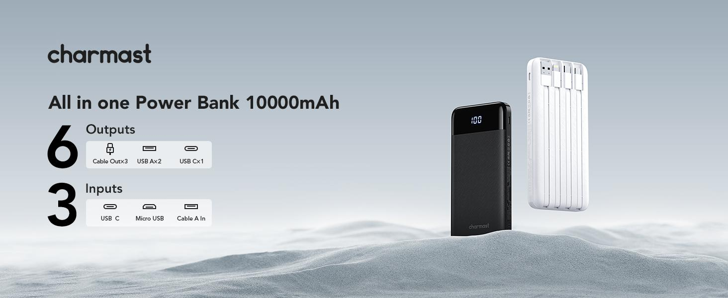 Slim Charmast portable charger charging a smartphone with built-in cable for easy use.