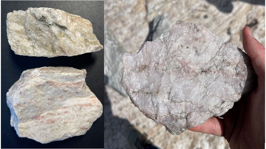 Example grab samples picked up at the Property showing white and pink petalite