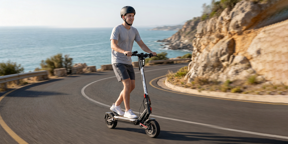 Man rides the ONECNA T4 electric scooter along winding coastal cliff road by the sea
