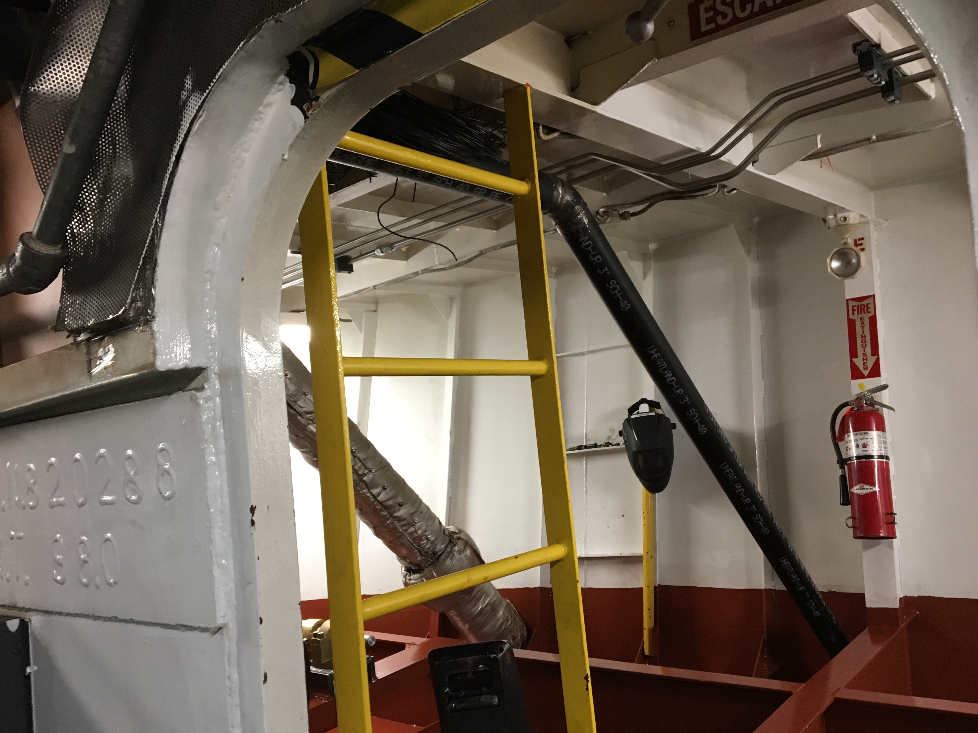 Maid of the Mist VII Engine Room with uncovered 3-inch exhaust line exiting stern of boat.