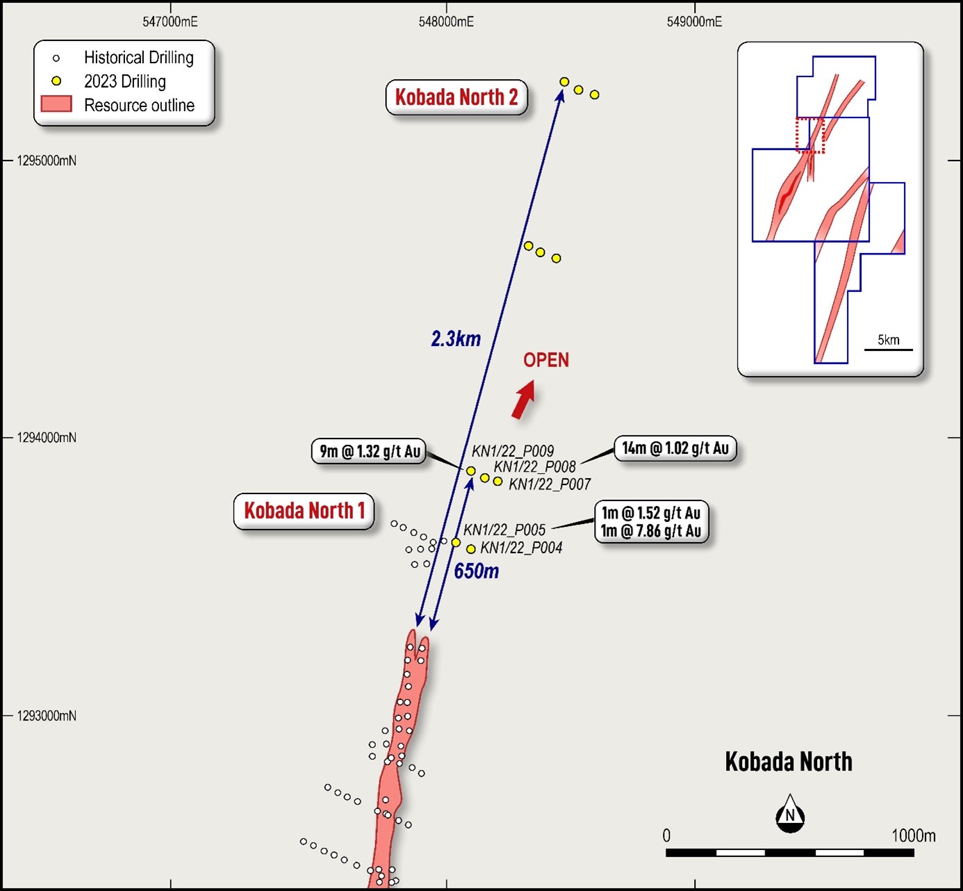 Plan showing Kobada North targets and Toubani drilling