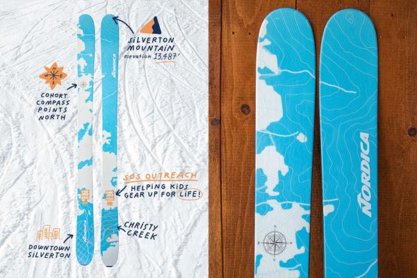 image shows all of the details hidden into the design of the Unleashed Outreach Ski available now at Christy Sports and benefiting SOS Outreach