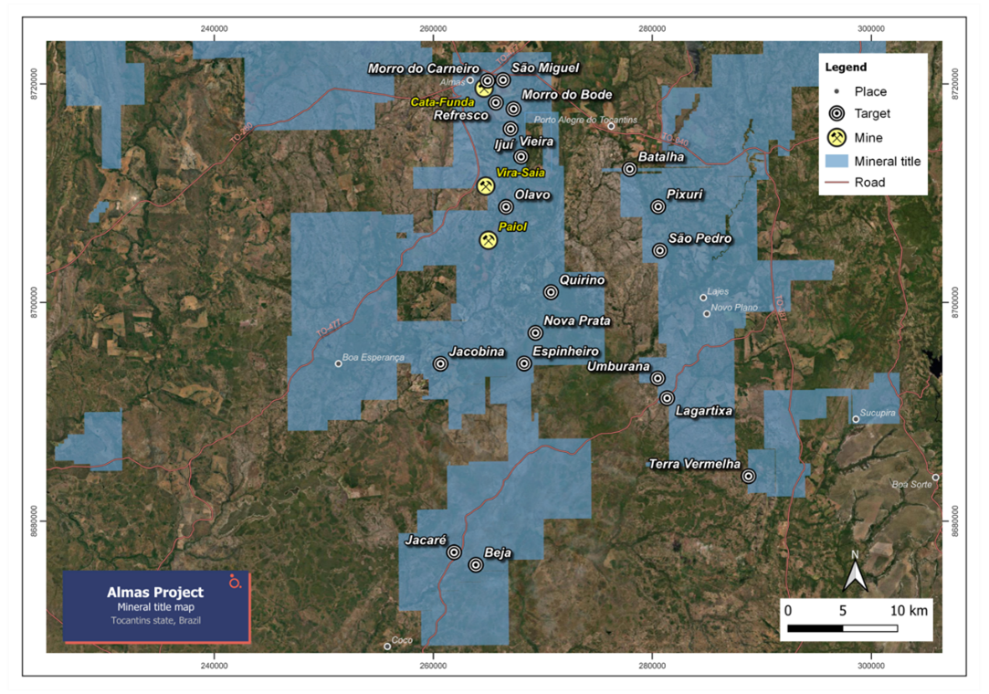 Almas detailed map showing several near mine exploration targets.