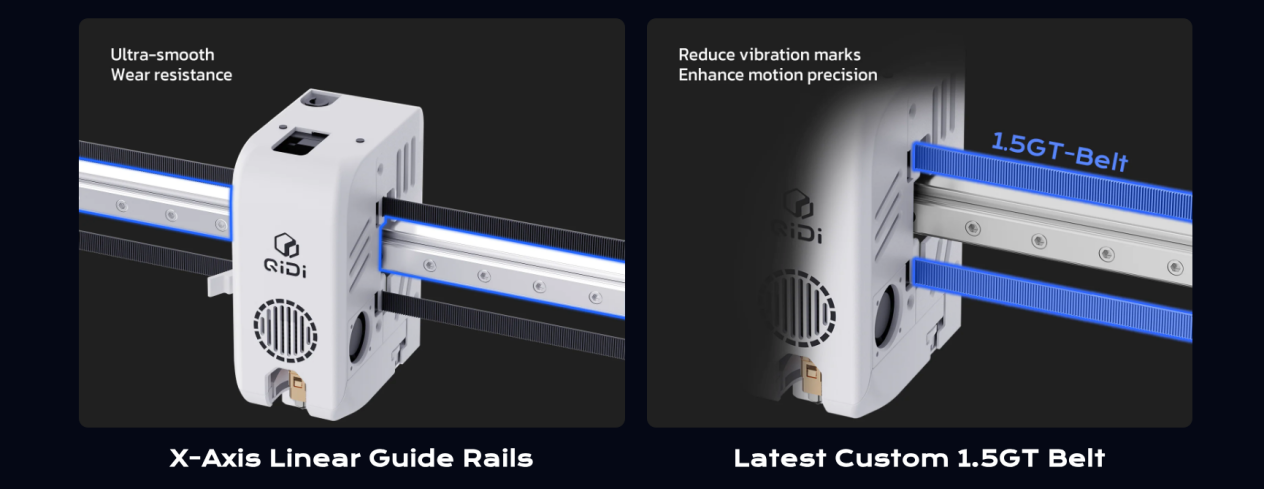 Close-up of QIDI Plus5 X-axis linear guide rails and latest custom 1.5GT belt system