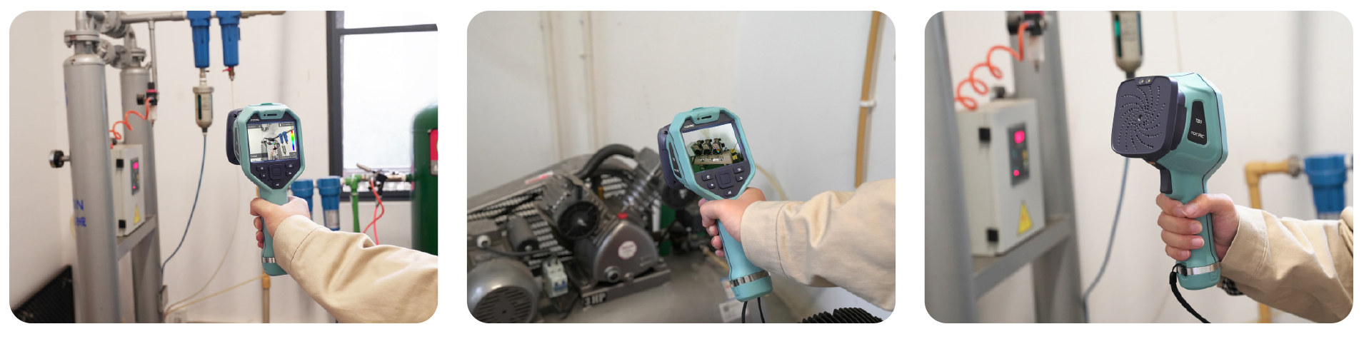 Three images featuring the FOTRIC TD2 acoustic imager in action across different industrial sites, showcasing its versatility in leak detection.