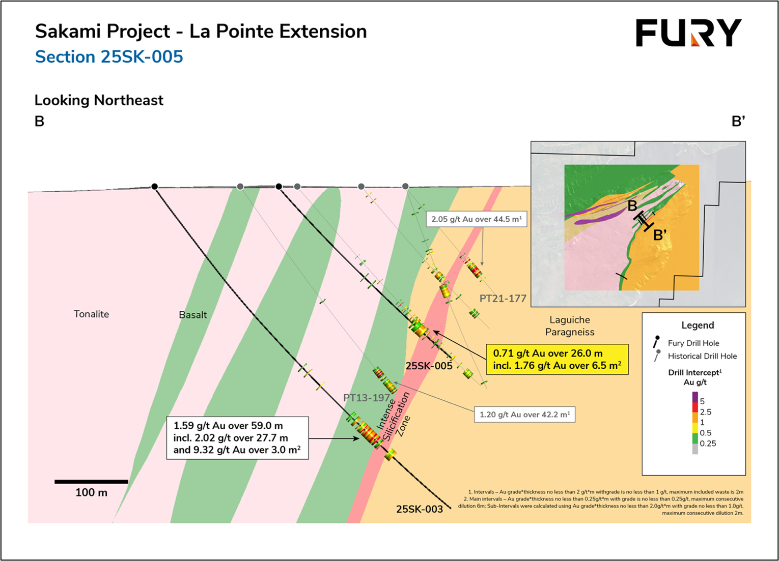 Figure 3: 25SK-005 section showing the location of the reported 2025 drill intercept in relation to historical drilling. image